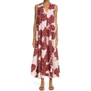 LaDouble J Selva Sleeveless Cotton Tent Dress Pink Red Monstera Tropical Leaf S